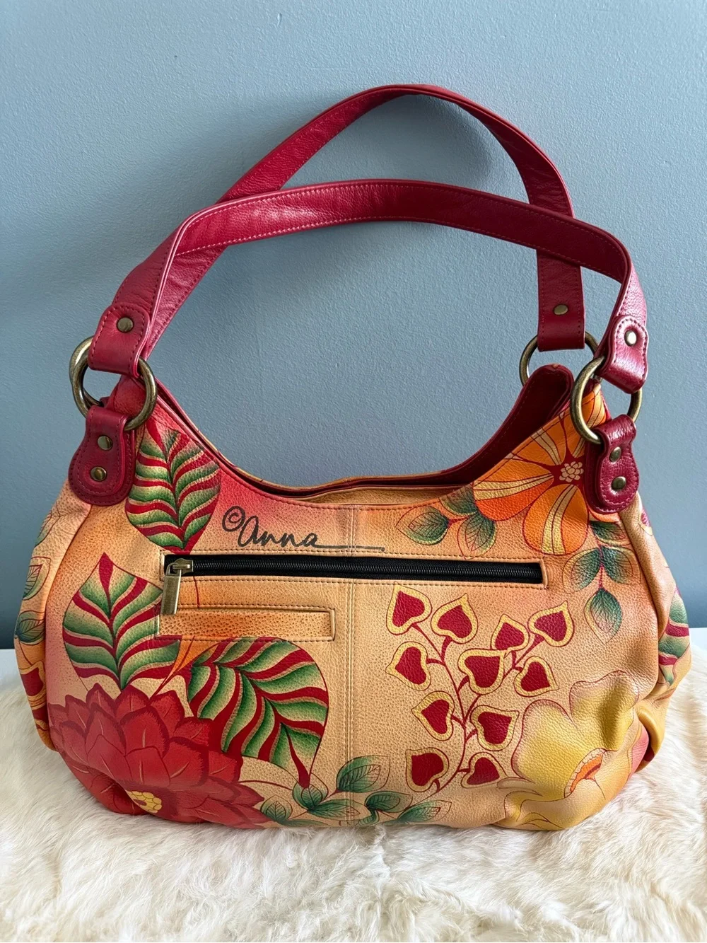 Anna by Anuschka Genuine Leather Hand Painted Large Ruched Summer Bloom Hobo